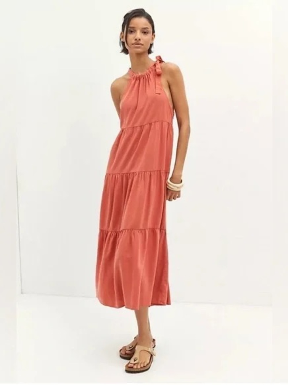cloth & stone Coral Tie-Shoulder Tiered Maxi Dress